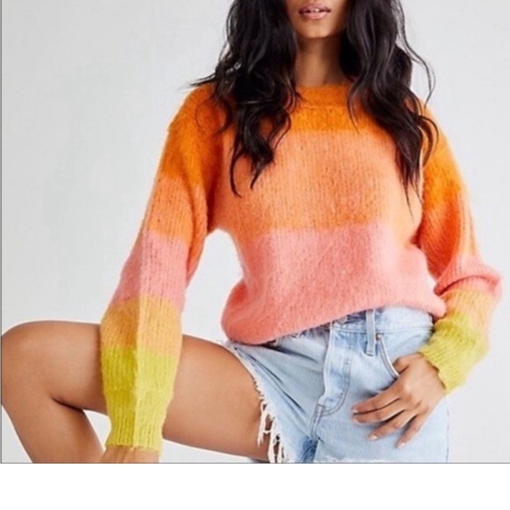 Free People Autumn Sky Ombré Wool Blend Sweater XS Sunset Pink